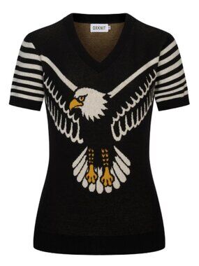 OXKNIT Women's Black Retro Eagle Jacquard V-Neck Knit T-Shirt Black / 2XL NWT